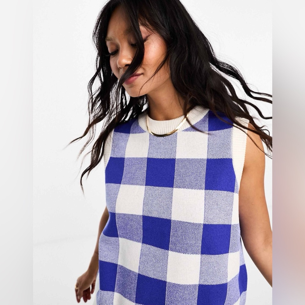 THML Blue and Cream Checkered Knit Top